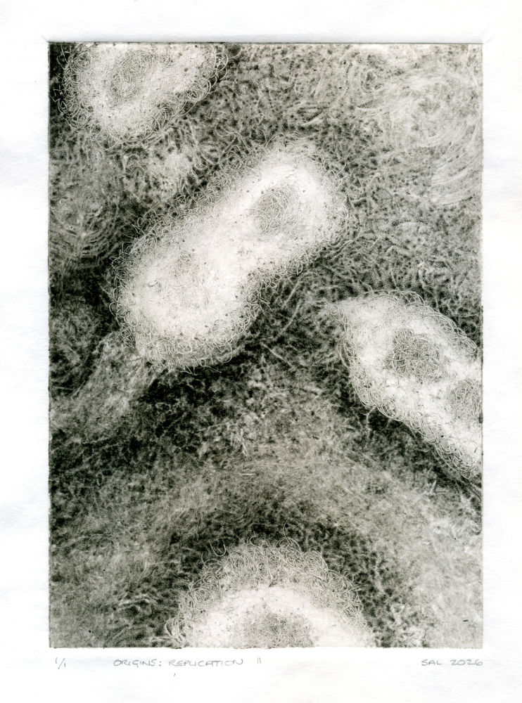 greyscale monotype print imagining the last universal common ancestor from which all life on earth evolved.