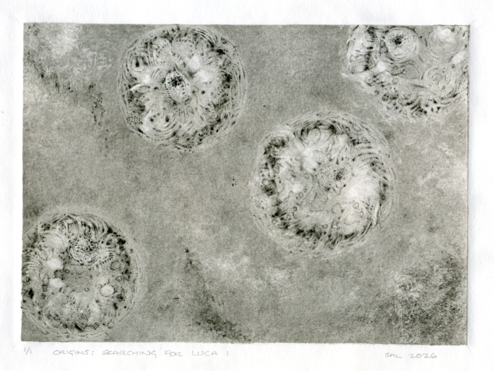greyscale monotype print imagining the last universal common ancestor from which all life on earth evolved.