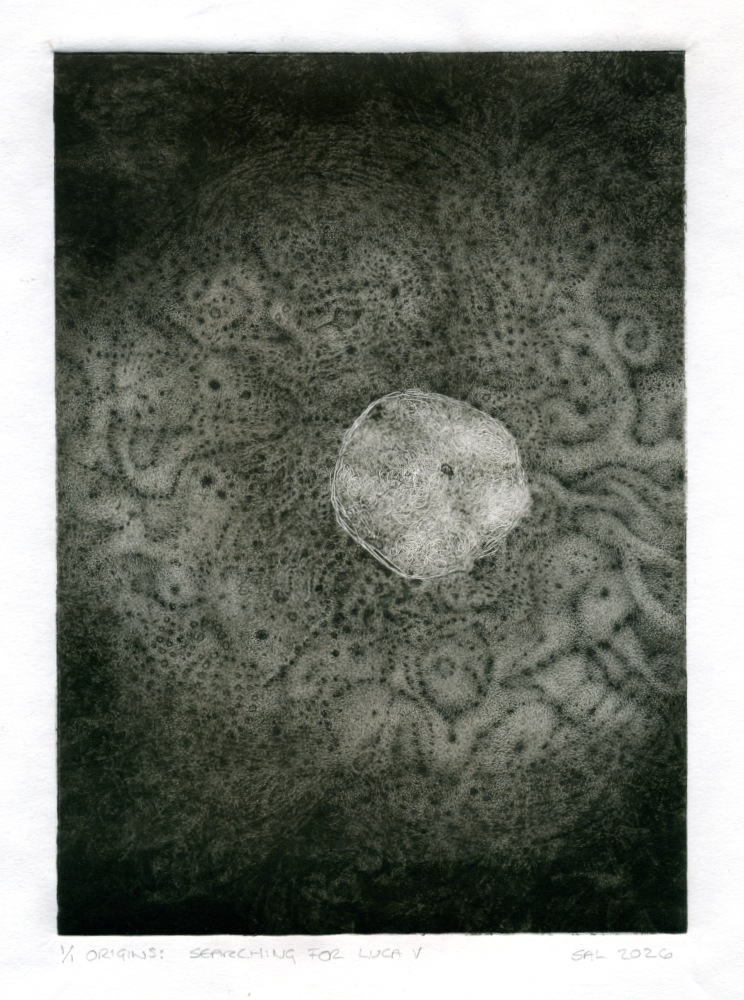greyscale monotype print imagining the last universal common ancestor from which all life on earth evolved.