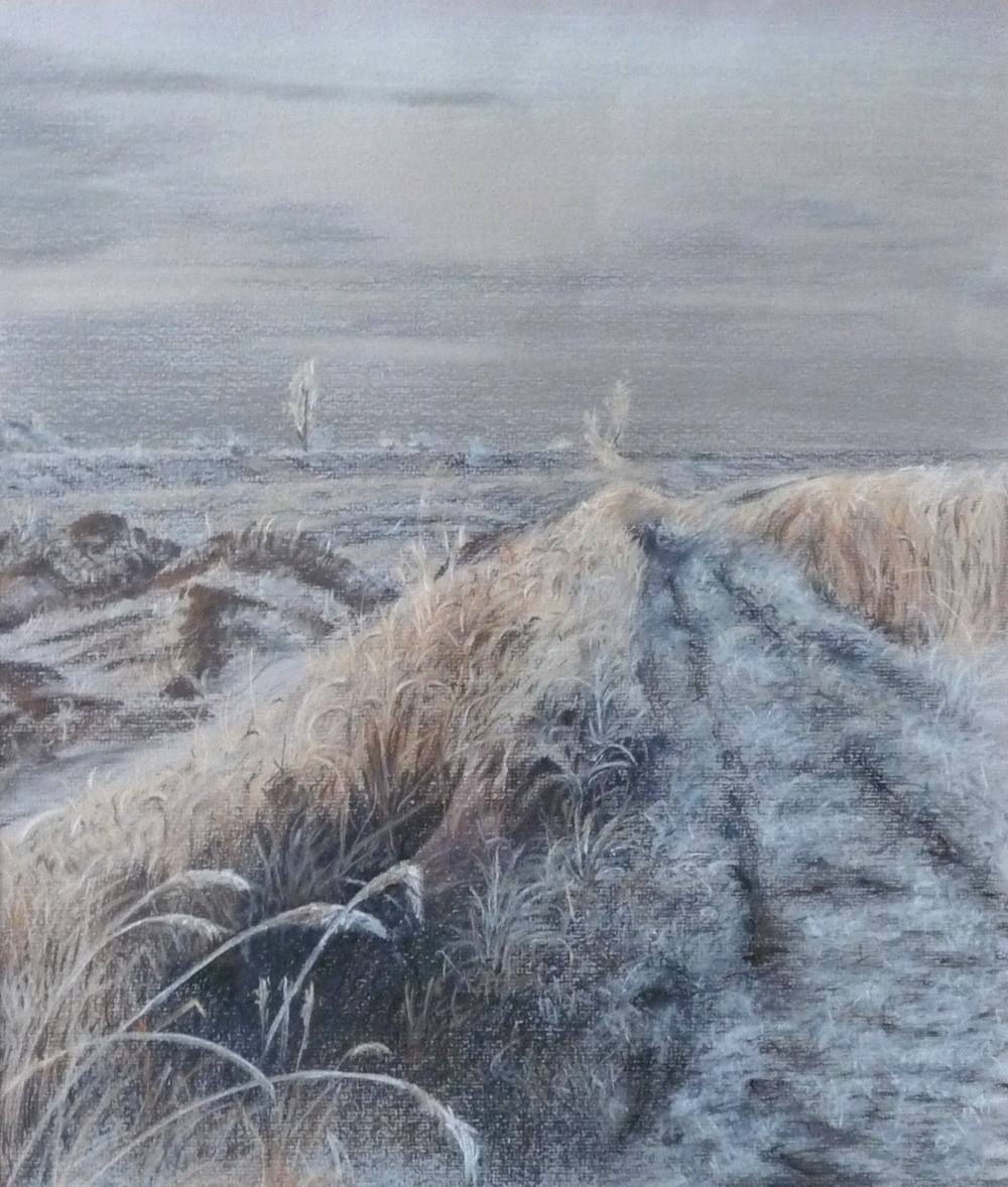 pastel painting of a winter landscape with reeds and frost